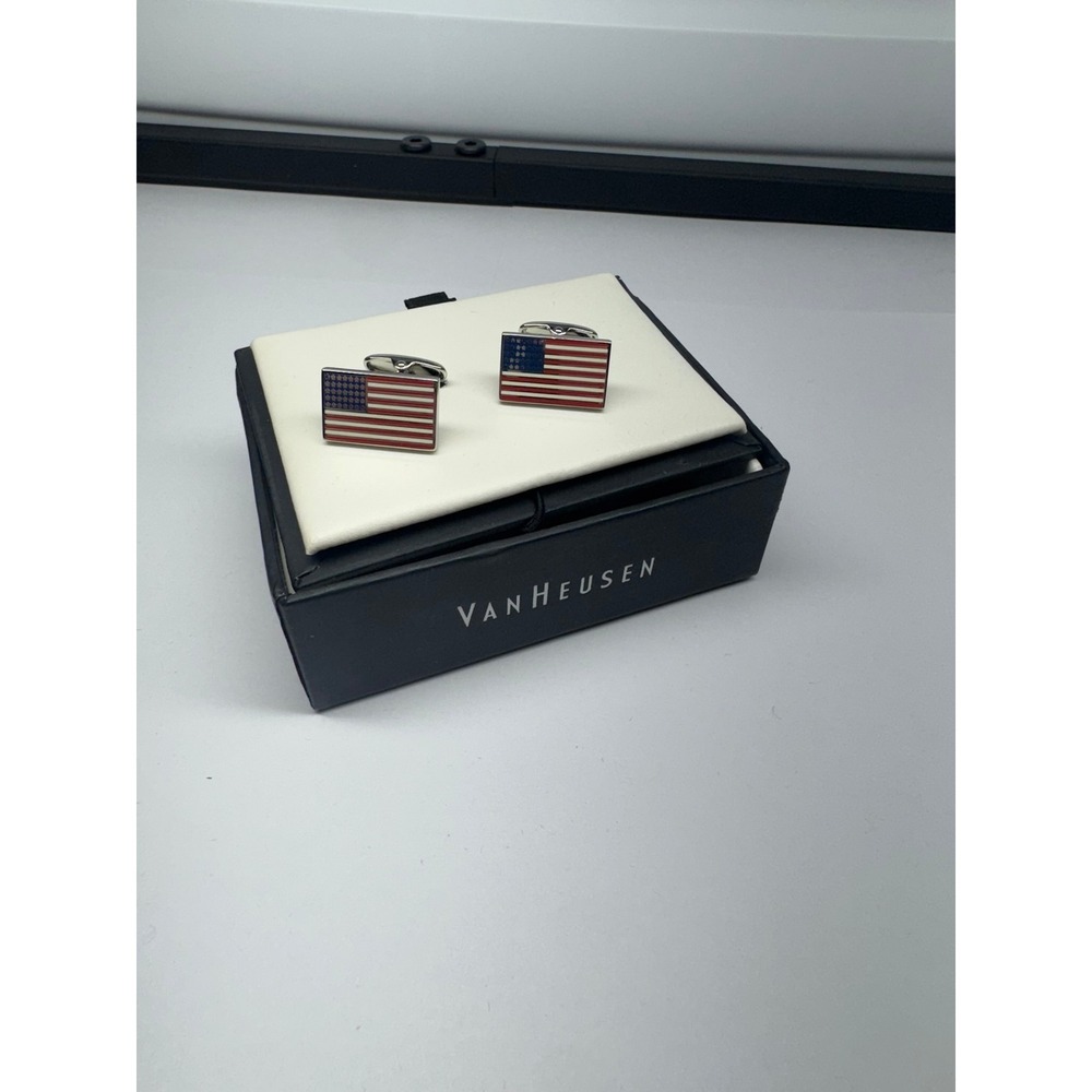 Van Heusen American Flag Cufflinks Silver Tone Red White Blue Enamel Patriotic